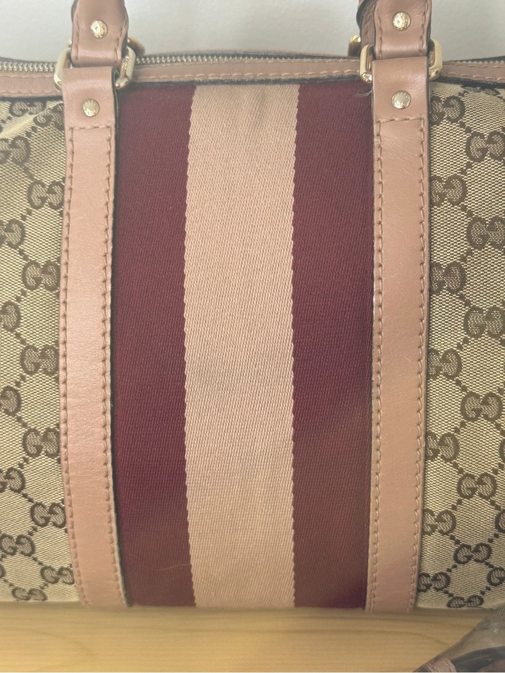 Gucci Beige GG Canvas Boston Bag with Pink and Burgundy Stripes - Picture 2 of 10